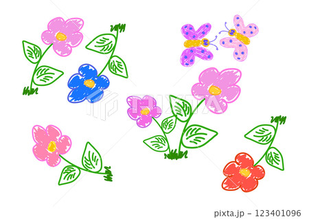 Hand-Drawn Colorful Flowers and Butterflies Illustration 123401096