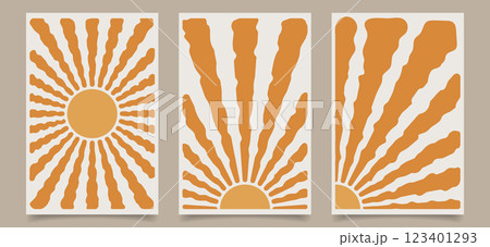 Set of vintage sunburst backgrounds, abstract cards. Contemporary tapestries. Set of wall posters. 123401293