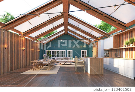 An open kitchen and dining area 123401502