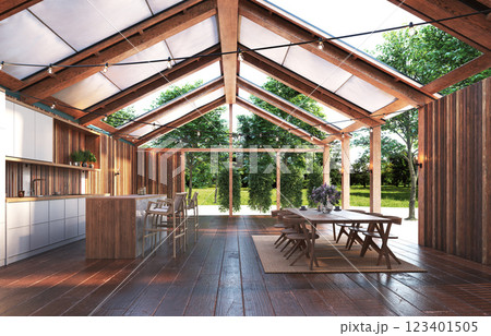 An open kitchen and dining area 123401505