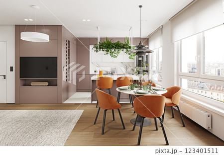 A modern kitchen and dining area A modern kitchen and dining area 123401511