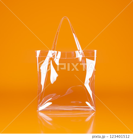 Transparent bag with white handles on an orange background. 123401512