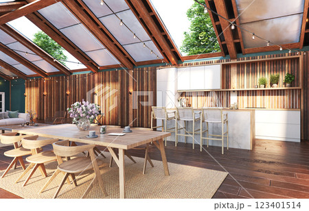 An open kitchen and dining area 123401514