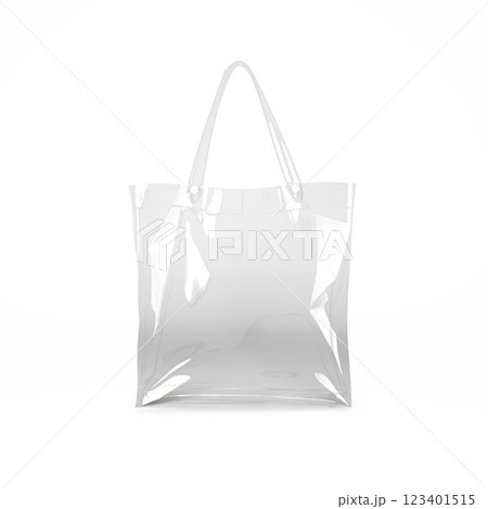 Clear plastic tote bag with white handles on a white background. Clear plastic tote bag with white handles on a white background. 123401515
