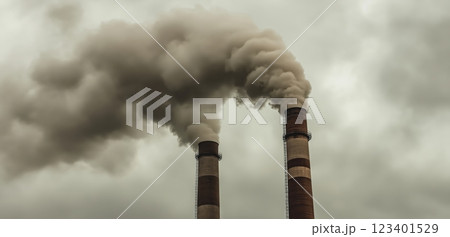 Industrial smokestacks emitting heavy pollution into the sky Industrial smokestacks emitting heavy pollution into the sky 123401529