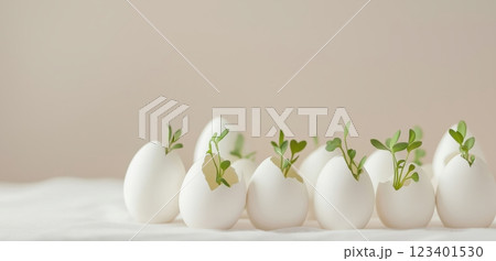 Easter concept with eggshell planters symbolizing new beginnings 123401530