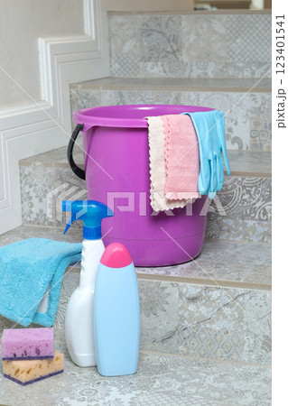 Household cleaning products and items for cleaning tile in house. Cleaning and cleanliness. 123401541