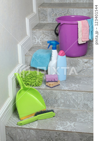 Household cleaning products and items for cleaning tile in house. Cleaning and cleanliness. 123401544