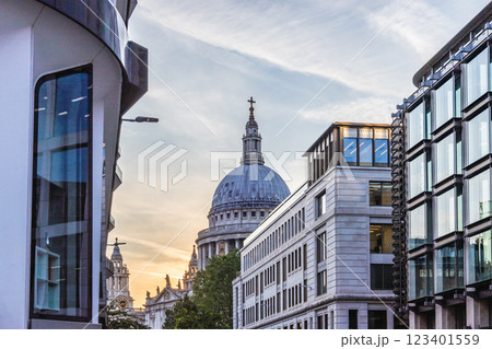 St. Paul Cathedral Dome at Sunset Surrounded by Modern and Historic London Architecture 123401559
