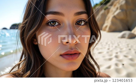 A woman on a beach. 123401653