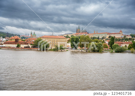 Flood in Prague. View of Prague Castle across the flooding river Vltava, Prague Flood in Prague. View of Prague Castle across the flooding river Vltava, Prague 123401716