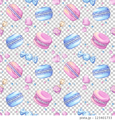 Macarons and candies in pink and blue tones. Seamless watercolor pattern with sweets on a white background. Perfect for packaging, textiles, and confectionery-themed designs Macarons and candies in pink and blue tones. Seamless watercolor pattern with sweets on a white background. Perfect for packaging, textiles, and confectionery-themed designs 123401733