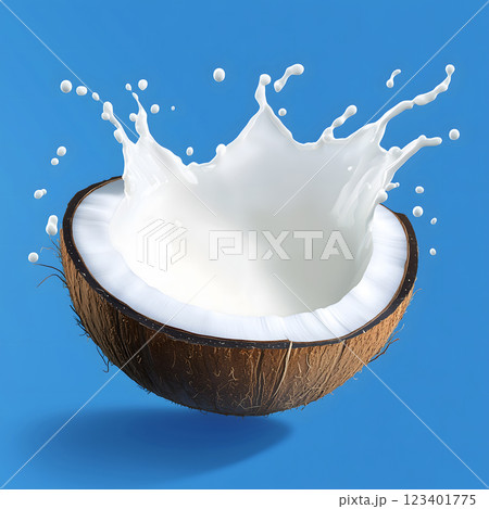 Coconut milk or cream splash isolated on blue background. Package design element 123401775