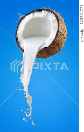 Coconut shell pours down coconut milk isolated on blue background. Vertical layout 123401778