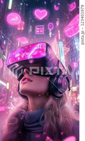 Futuristic woman experiences virtual reality in vibrant urban setting filled with neon lights Futuristic woman experiences virtual reality in vibrant urban setting filled with neon lights 123401979