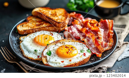 Delicious breakfast with fried eggs, crispy bacon, and toasted bread served on a dark plate 123402014