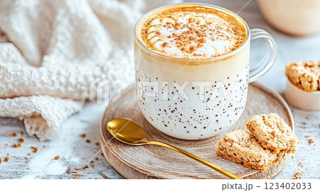 Creamy beverage topped with spice beside golden baked treats on wooden surface in cozy setting 123402033