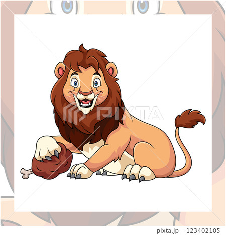 Cute cartoon lion holding a piece of meat 123402105