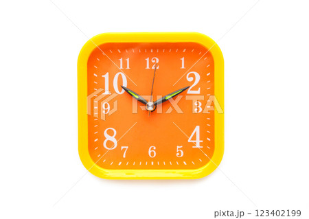 Yellow alarm clock isolated over white background close-up with clipping path 123402199
