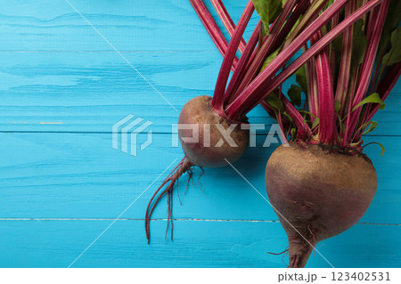 Red Beetroot with green leaves on blue background. Organic Beetroot. Vertical photo. 123402531