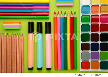 School supplies on green background. Top view. 123402532