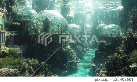 A breathtaking underwater city showcases unique architecture and thriving vegetation, creating an enchanting seascape. 123402601