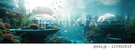 Futuristic underwater city with transparent domes amidst thriving coral reefs and marine life. 123402610