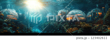 Explore the depths of a futuristic underwater city where architectural domes meet vibrant coral reefs. 123402611