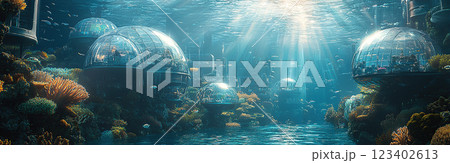 A futuristic underwater habitat featuring transparent domes surrounded by a thriving coral reef ecosystem. 123402613