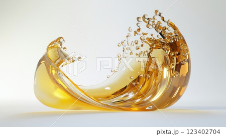 golden oil splash in motion, elegant fluid wave, floating droplets, ultra-detailed liquid physics, cinematic lighting, hyper-realistic studio shot, isolated on white background. 123402704