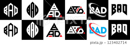 BAD letter logo design in six style. BAD polygon, circle, triangle, hexagon, flat and simple style with black and white color variation letter logo set in one artboard. BAD minimalist and classic logo 123402714
