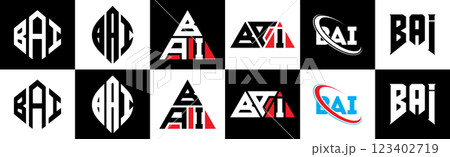 BAI letter logo design in six style. BAI polygon, circle, triangle, hexagon, flat and simple style with black and white color variation letter logo set in one artboard. BAI minimalist and classic logo BAI letter logo design in six style. BAI polygon, circle, triangle, hexagon, flat and simple style with black and white color variation letter logo set in one artboard. BAI minimalist and classic logo 123402719