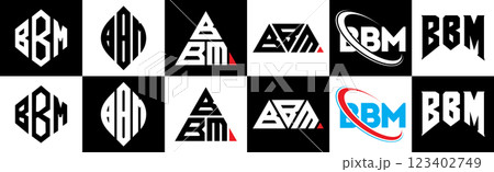 BBM letter logo design in six style. BBM polygon, circle, triangle, hexagon, flat and simple style with black and white color variation letter logo set in one artboard. BBM minimalist and classic logo 123402749