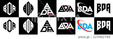 BDA letter logo design in six style. BDA polygon, circle, triangle, hexagon, flat and simple style with black and white color variation letter logo set in one artboard. BDA minimalist and classic logo 123402789