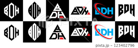 BDH letter logo design in six style. BDH polygon, circle, triangle, hexagon, flat and simple style with black and white color variation letter logo set in one artboard. BDH minimalist and classic logo 123402796