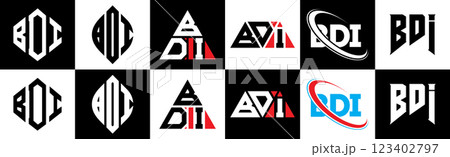 BDI letter logo design in six style. BDI polygon, circle, triangle, hexagon, flat and simple style with black and white color variation letter logo set in one artboard. BDI minimalist and classic logo 123402797