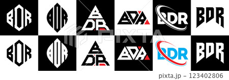 BDR letter logo design in six style. BDR polygon, circle, triangle, hexagon, flat and simple style with black and white color variation letter logo set in one artboard. BDR minimalist and classic logo 123402806