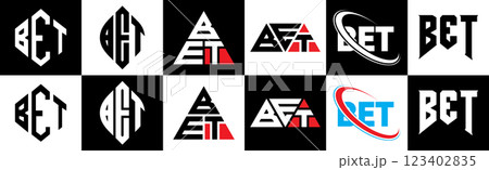 BET letter logo design in six style. BET polygon, circle, triangle, hexagon, flat and simple style with black and white color variation letter logo set in one artboard. BET minimalist and classic logo BET letter logo design in six style. BET polygon, circle, triangle, hexagon, flat and simple style with black and white color variation letter logo set in one artboard. BET minimalist and classic logo 123402835