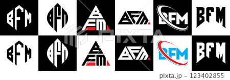 BFM letter logo design in six style. BFM polygon, circle, triangle, hexagon, flat and simple style with black and white color variation letter logo set in one artboard. BFM minimalist and classic logo BFM letter logo design in six style. BFM polygon, circle, triangle, hexagon, flat and simple style with black and white color variation letter logo set in one artboard. BFM minimalist and classic logo 123402855