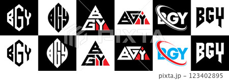 BGY letter logo design in six style. BGY polygon, circle, triangle, hexagon, flat and simple style with black and white color variation letter logo set in one artboard. BGY minimalist and classic logo BGY letter logo design in six style. BGY polygon, circle, triangle, hexagon, flat and simple style with black and white color variation letter logo set in one artboard. BGY minimalist and classic logo 123402895