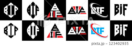 BIF letter logo design in six style. BIF polygon, circle, triangle, hexagon, flat and simple style with black and white color variation letter logo set in one artboard. BIF minimalist and classic logo 123402935