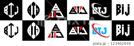 BIJ letter logo design in six style. BIJ polygon, circle, triangle, hexagon, flat and simple style with black and white color variation letter logo set in one artboard. BIJ minimalist and classic logo BIJ letter logo design in six style. BIJ polygon, circle, triangle, hexagon, flat and simple style with black and white color variation letter logo set in one artboard. BIJ minimalist and classic logo 123402939