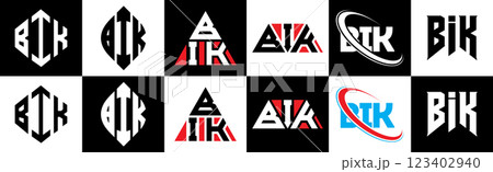 BIK letter logo design in six style. BIK polygon, circle, triangle, hexagon, flat and simple style with black and white color variation letter logo set in one artboard. BIK minimalist and classic logo BIK letter logo design in six style. BIK polygon, circle, triangle, hexagon, flat and simple style with black and white color variation letter logo set in one artboard. BIK minimalist and classic logo 123402940