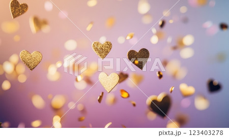 Heart-shaped golden confetti falls softly against a vibrant gradient background, creating a joyful and festive atmosphere perfect for celebrations, parties, or romantic events. 123403278