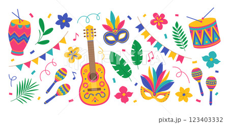 Brazil Carnival set with guitar, maracas, drums, masks with feathers, flowers, leaves, garlands and confetti. Festival elements collection. Vector flat illustration for banner, poster 123403332