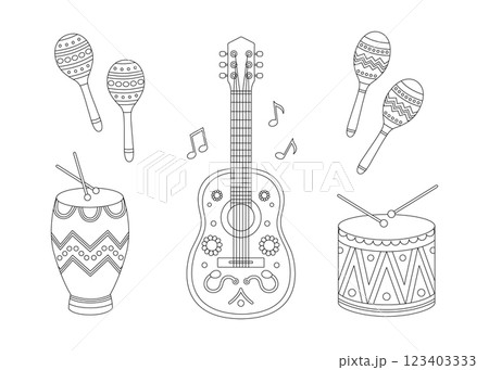 Ethnic musical instruments coloring page. Outline set with guitar, drum, drumsticks, conga, maracas and notes. Latin music festival, brazil carnival contour collection. Coloring book for print 123403333