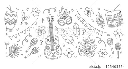 Brazil Carnival coloring page. Outline set with guitar, maracas, drums, masks with feathers, flowers, leaves, garlands and confetti. Contour festival elements collection. Coloring book for print 123403334