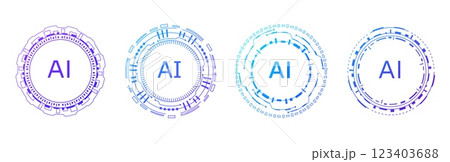 Circular AI logo with blue cybernetic elements for tech designs. 123403688