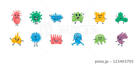 Colorful pixel art monsters with unique shapes and features in a fun and whimsical array 123403705