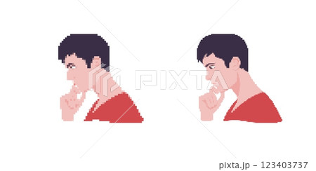 Pixel art style of two side profiles of a thoughtful person wearing a red shirt 123403737